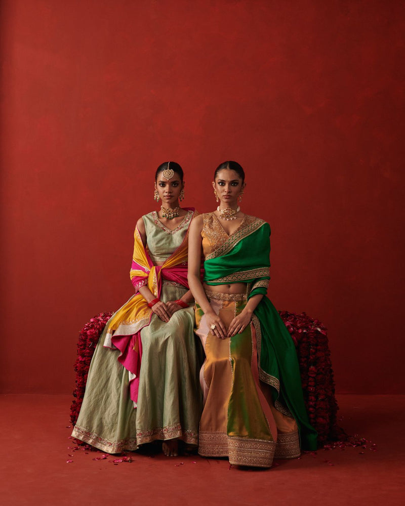 BANO & DILRUBA LEHENGA & BLOUSE silk by Rashika Mittal in mint color for women Worldwide
