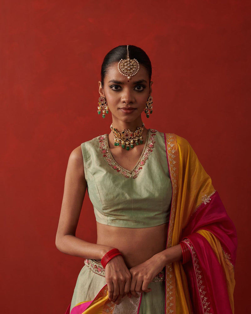 BANO & DILRUBA LEHENGA & BLOUSE silk by Rashika Mittal in mint color for women Worldwide