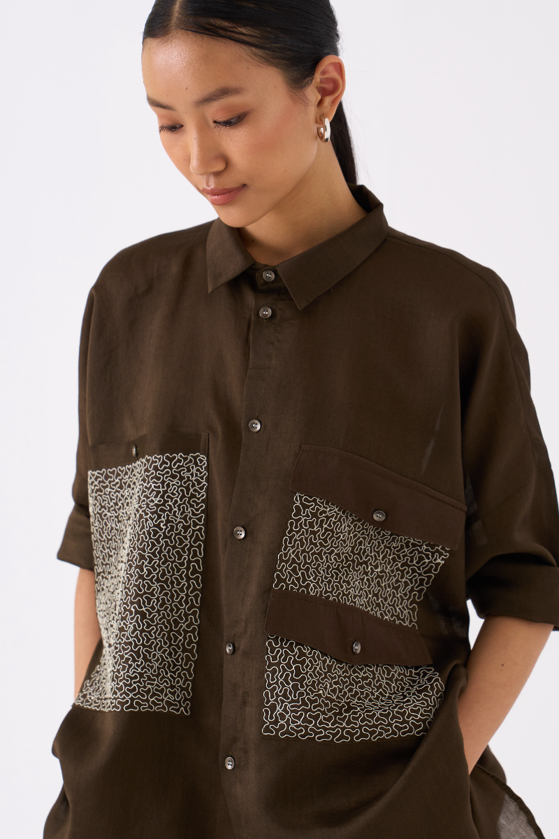 PATCH POCKET SHIRT CO-ORD
(SET OF 2)-DARK OLIVE poplin by THREE in olive color for women Worldwide
