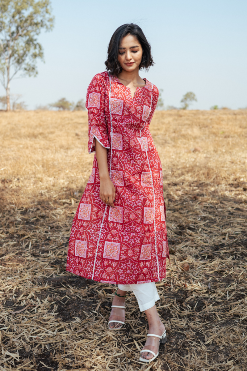 Bikaner Kurta Set - Handblock Printed Cotton Kurta Set cotton by Marche in red color for women Worldwide