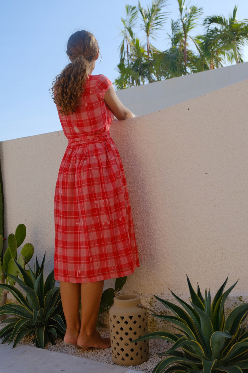 The Audrey Dress cotton by World of Crow in red color for women Worldwide