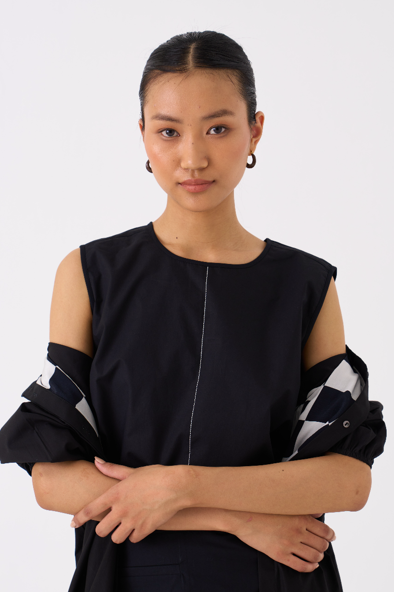 BACK YOKE JACKET CO-ORD 
(SET OF 3)-BLACK poplin by THREE in black color for women Worldwide