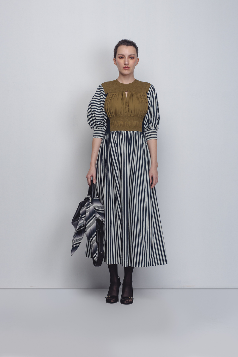 Beri Dress - Black + White Print / Olive cotton by Leh Studios in black color for women Worldwide