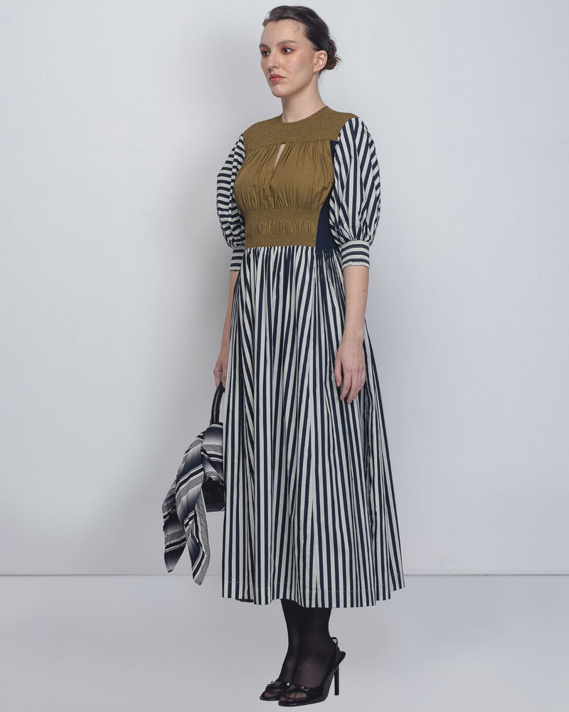 Beri Dress - Black + White Print / Olive cotton by Leh Studios in black color for women Worldwide