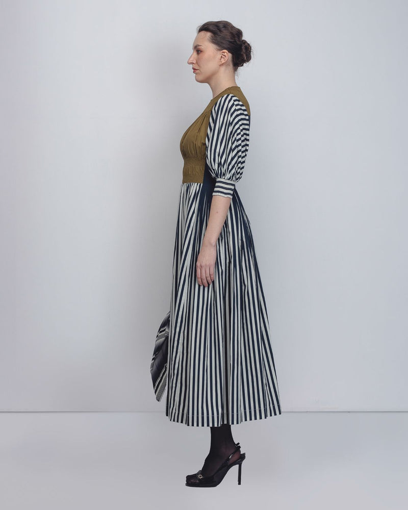 Beri Dress - Black + White Print / Olive cotton by Leh Studios in black color for women Worldwide