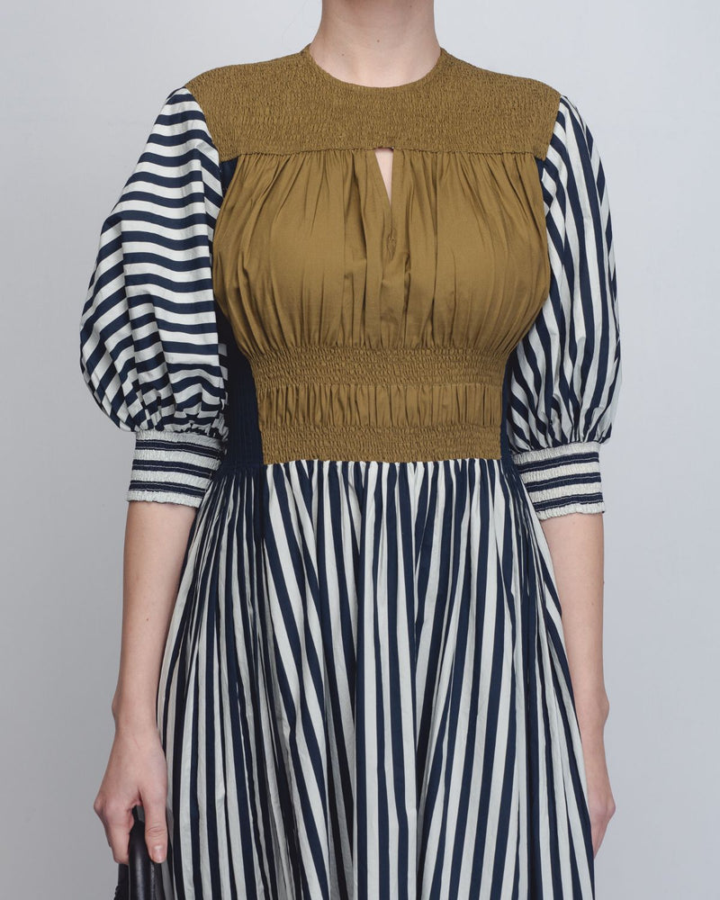 Beri Dress - Black + White Print / Olive cotton by Leh Studios in black color for women Worldwide