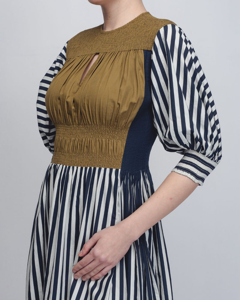 Beri Dress - Black + White Print / Olive cotton by Leh Studios in black color for women Worldwide