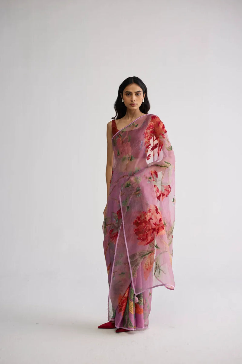 BERRY EMBROIDERED SILK & ORGANZA SAREE silk & organza saree by YAM in purple for women Worldwide