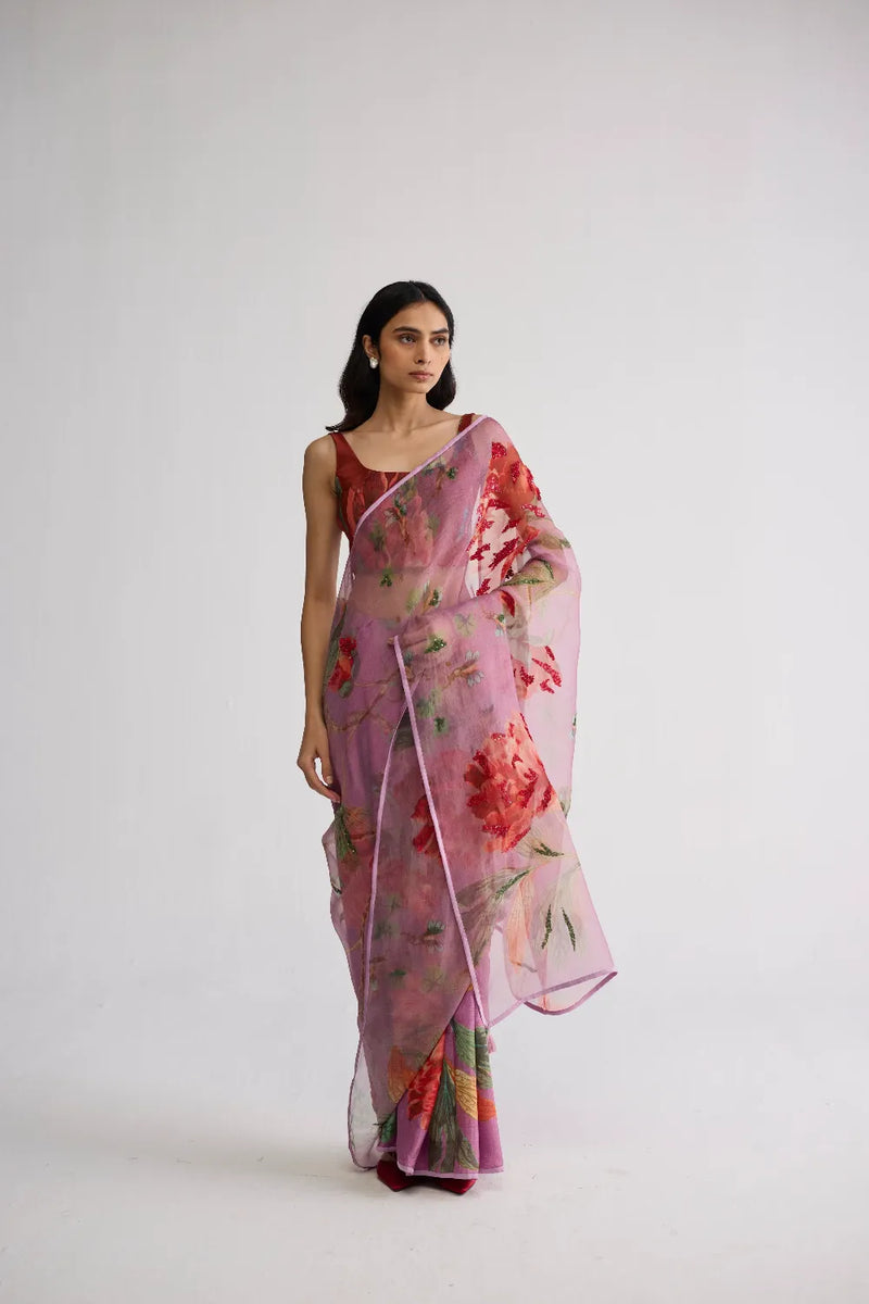 BERRY EMBROIDERED SILK & ORGANZA SAREE silk & organza saree by YAM in purple for women Worldwide
