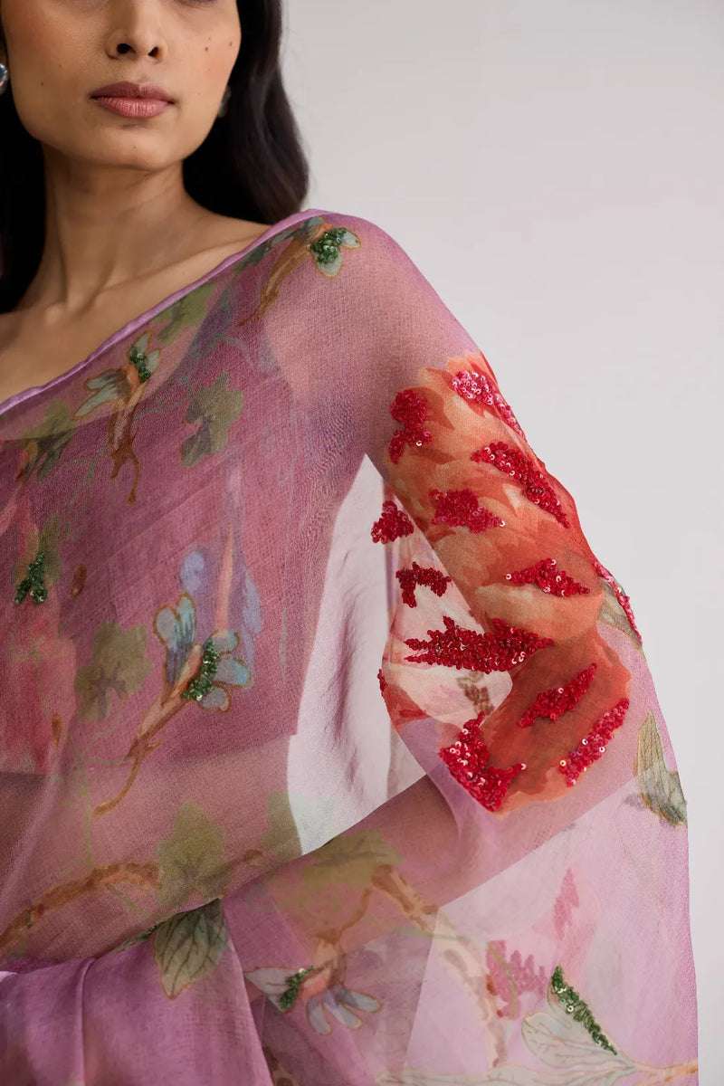 BERRY EMBROIDERED SILK & ORGANZA SAREE silk & organza saree by YAM in purple for women Worldwide