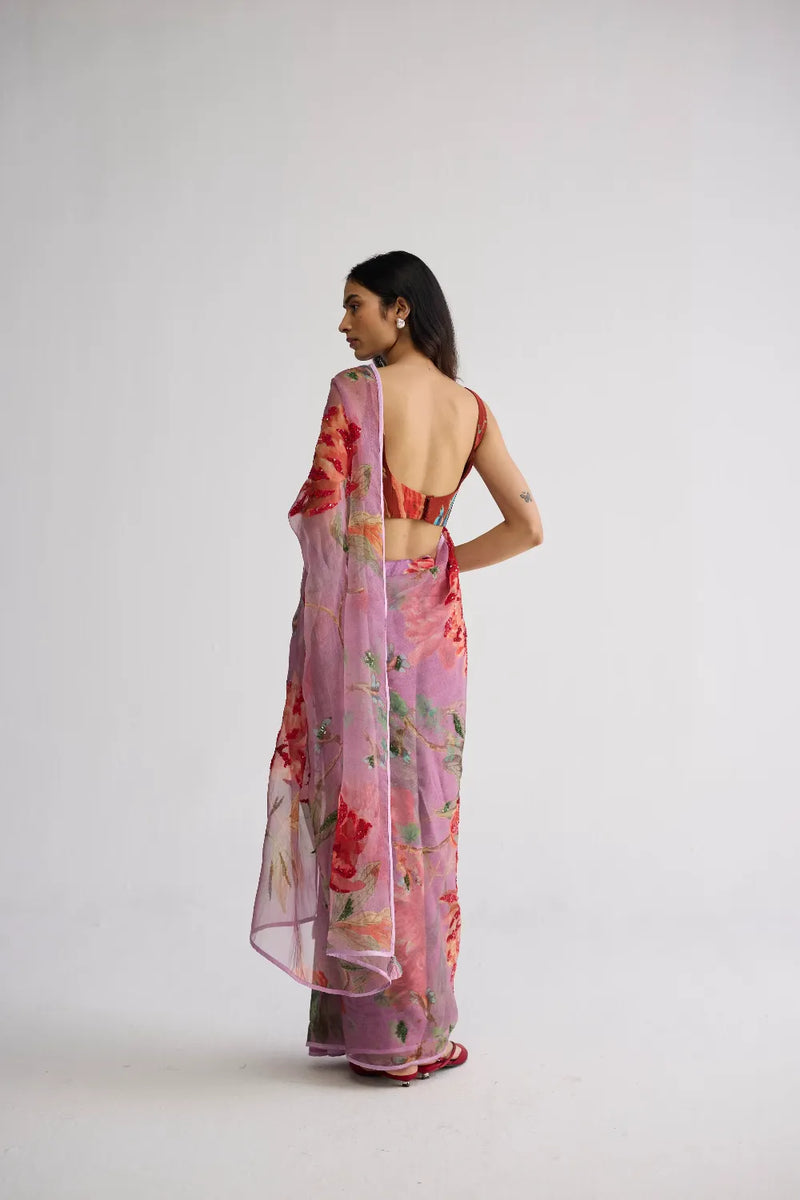 BERRY EMBROIDERED SILK & ORGANZA SAREE silk & organza saree by YAM in purple for women Worldwide
