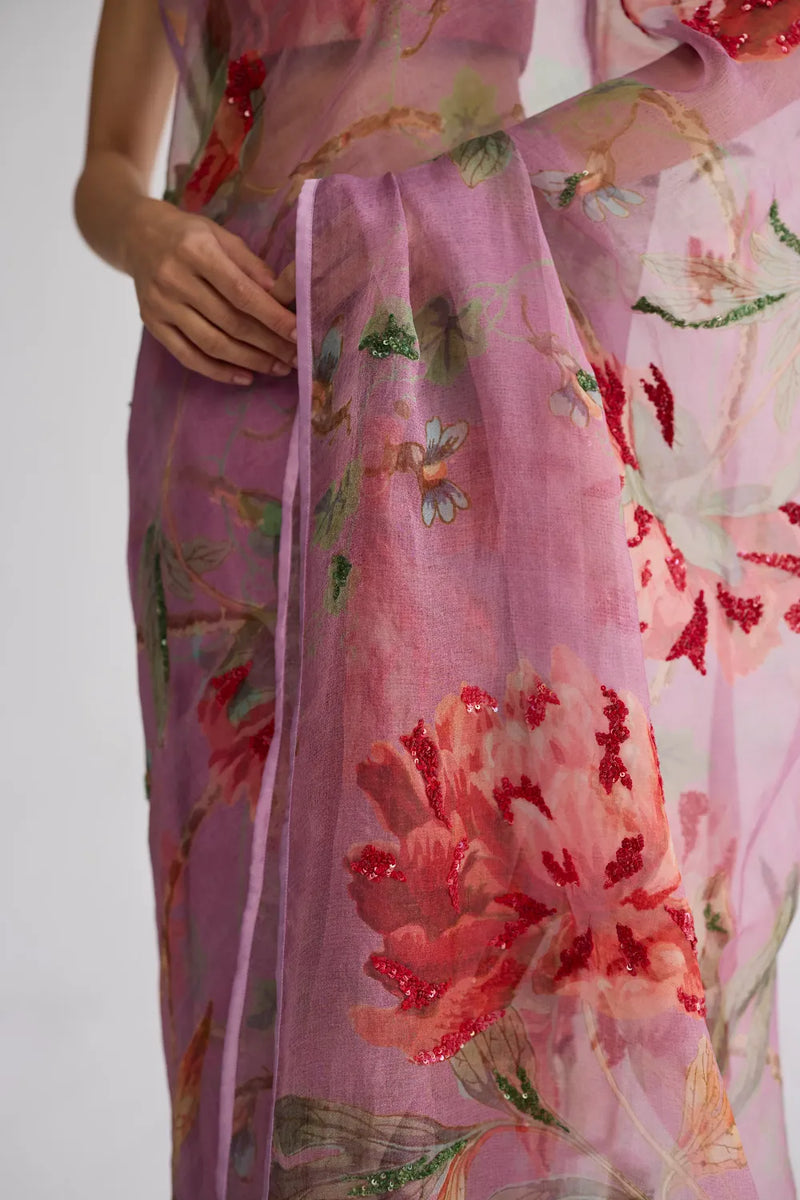 BERRY EMBROIDERED SILK & ORGANZA SAREE silk & organza saree by YAM in purple for women Worldwide