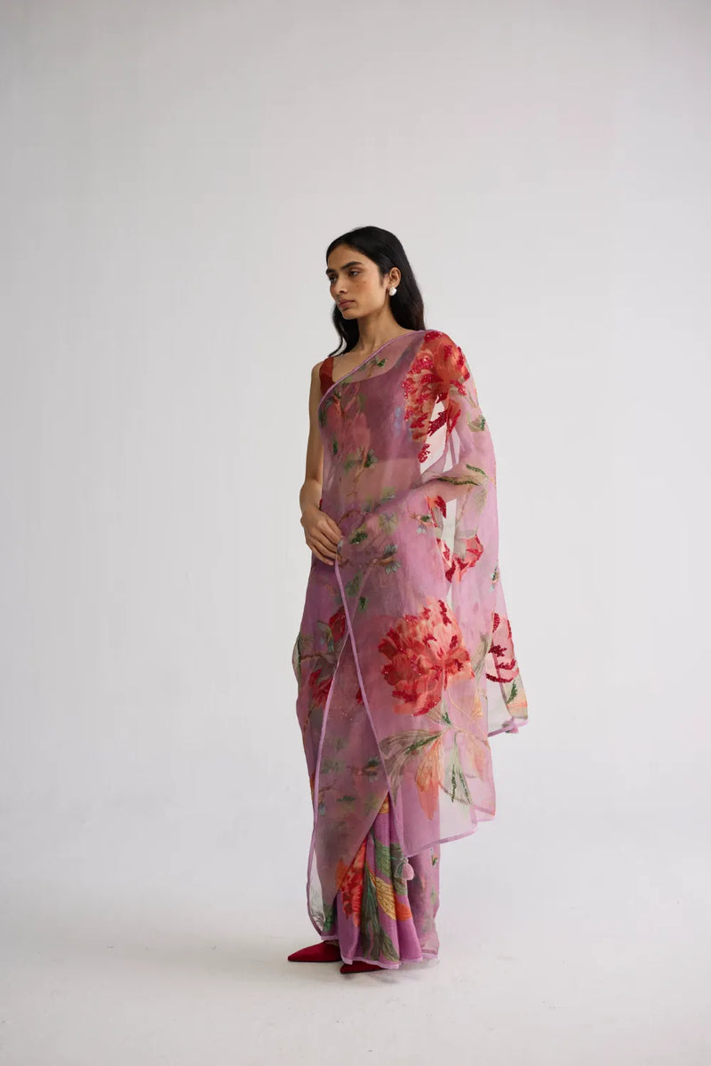 BERRY EMBROIDERED SILK & ORGANZA SAREE silk & organza saree by YAM in purple for women Worldwide