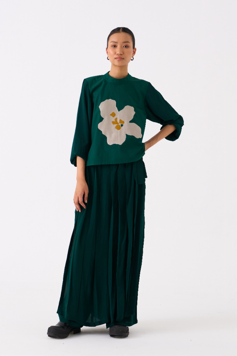 FLORAL APPLIQUE TOP CO-ORD 
(SET OF 2)-DARK GREEN poplin by THREE in green color for women Worldwide