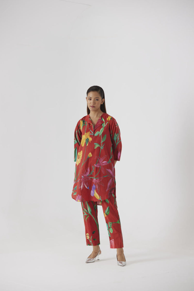 BIG BOTANICAL RED SHORT KURTA SET cotton by Yam in red color for women Worldwide