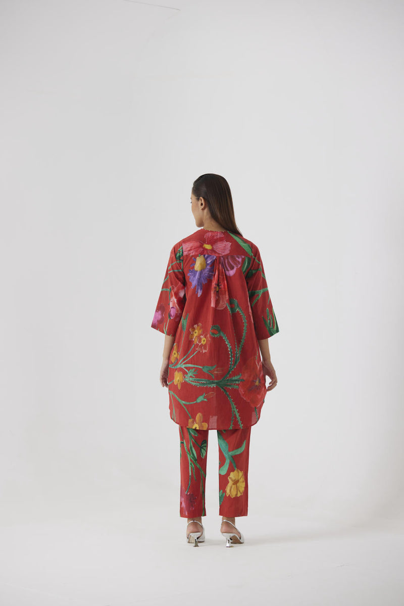 BIG BOTANICAL RED SHORT KURTA SET cotton by Yam in red color for women Worldwide