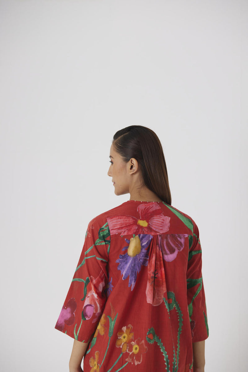 BIG BOTANICAL RED SHORT KURTA SET cotton by Yam in red color for women Worldwide