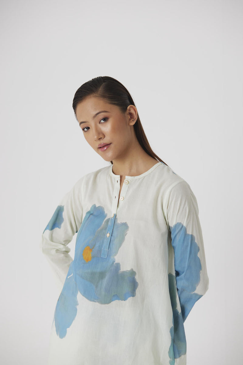 BLUE POPPIES SHORT KURTA SET cotton by Yam in white color for women Worldwide