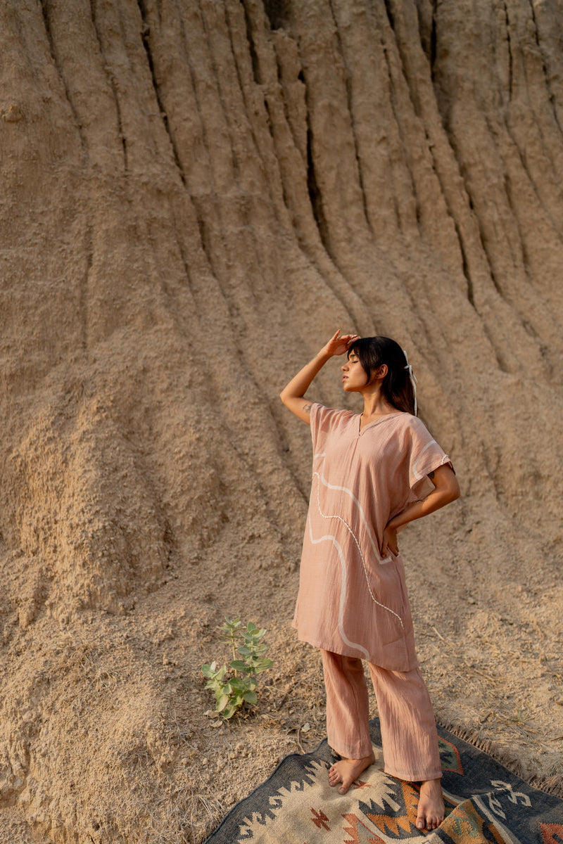 BLUSH CAFTAN SET chanderi by Nirjara in blush color for women Worldwide