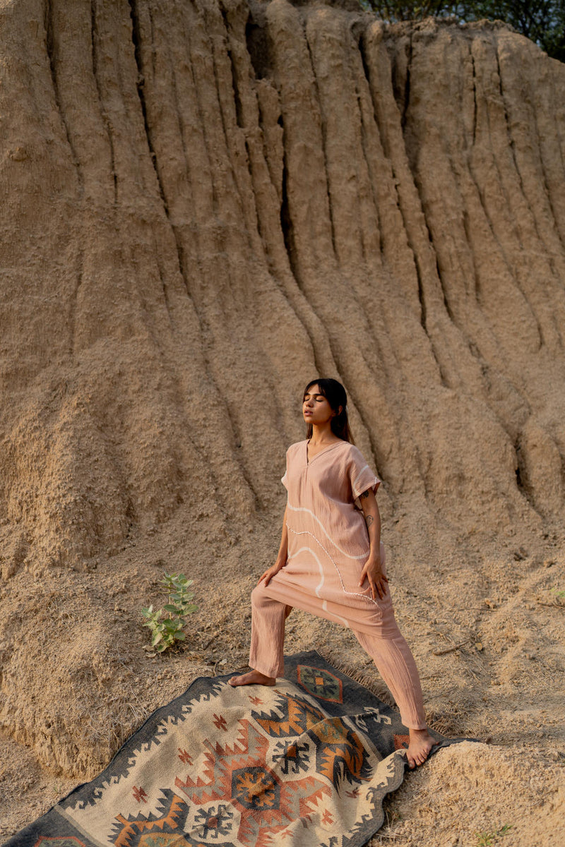 BLUSH CAFTAN SET chanderi by Nirjara in blush color for women Worldwide