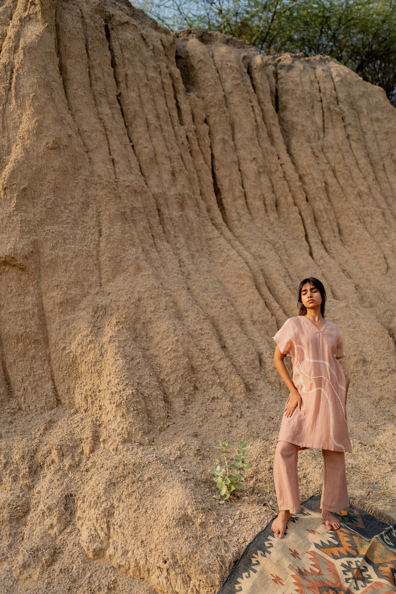 BLUSH CAFTAN SET chanderi by Nirjara in blush color for women Worldwide
