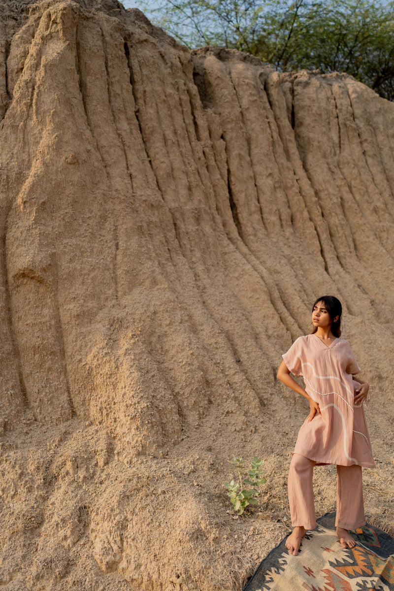 BLUSH CAFTAN SET chanderi by Nirjara in blush color for women Worldwide