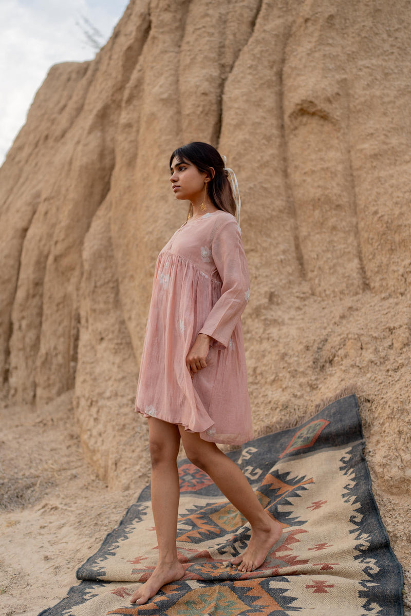 BLUSH FLORAL SHORT ARAZI DRESS chanderi by Nirjara in blush color for women Worldwide