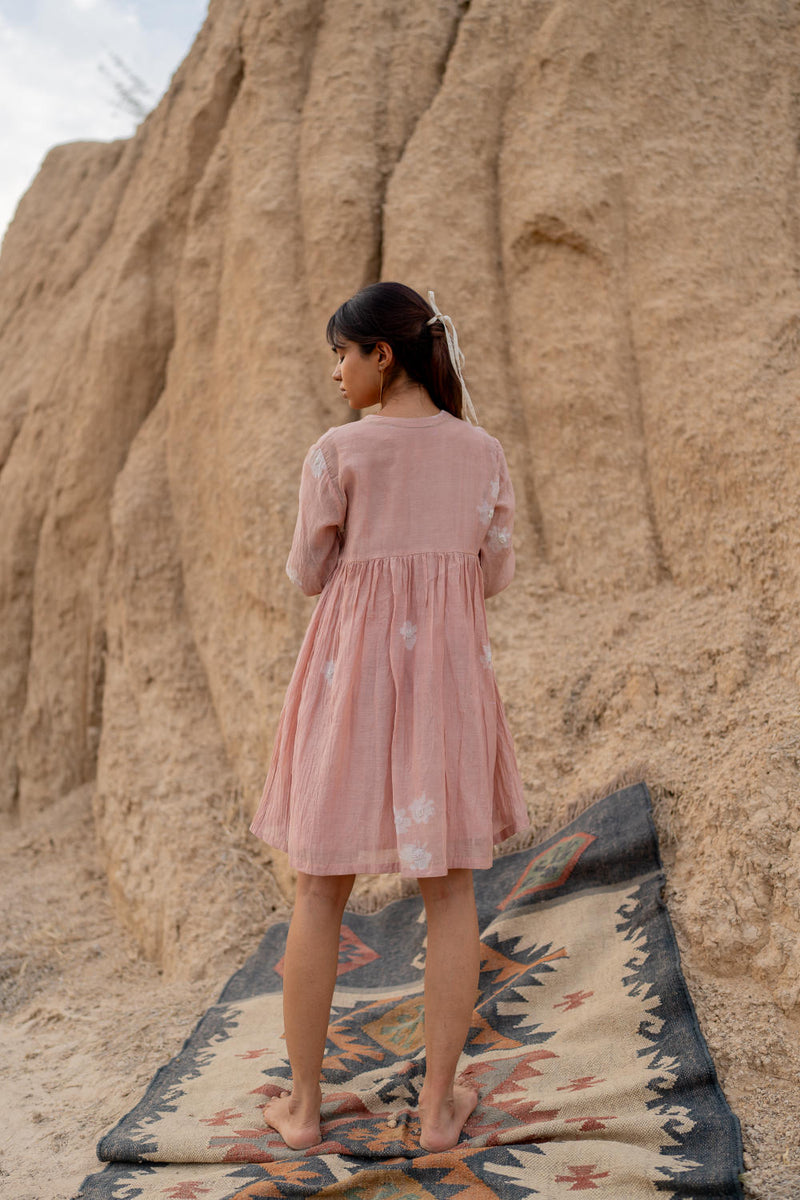 BLUSH FLORAL SHORT ARAZI DRESS chanderi by Nirjara in blush color for women Worldwide