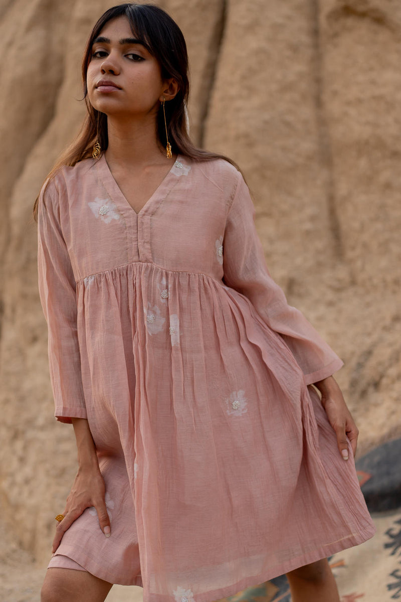 BLUSH FLORAL SHORT ARAZI DRESS chanderi by Nirjara in blush color for women Worldwide