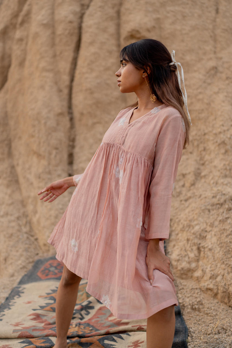 BLUSH FLORAL SHORT ARAZI DRESS chanderi by Nirjara in blush color for women Worldwide