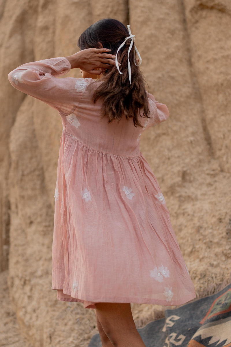 BLUSH FLORAL SHORT ARAZI DRESS chanderi by Nirjara in blush color for women Worldwide