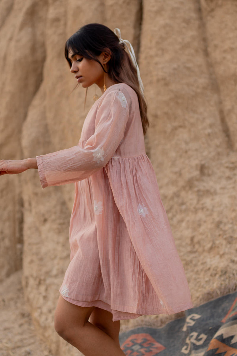 BLUSH FLORAL SHORT ARAZI DRESS chanderi by Nirjara in blush color for women Worldwide