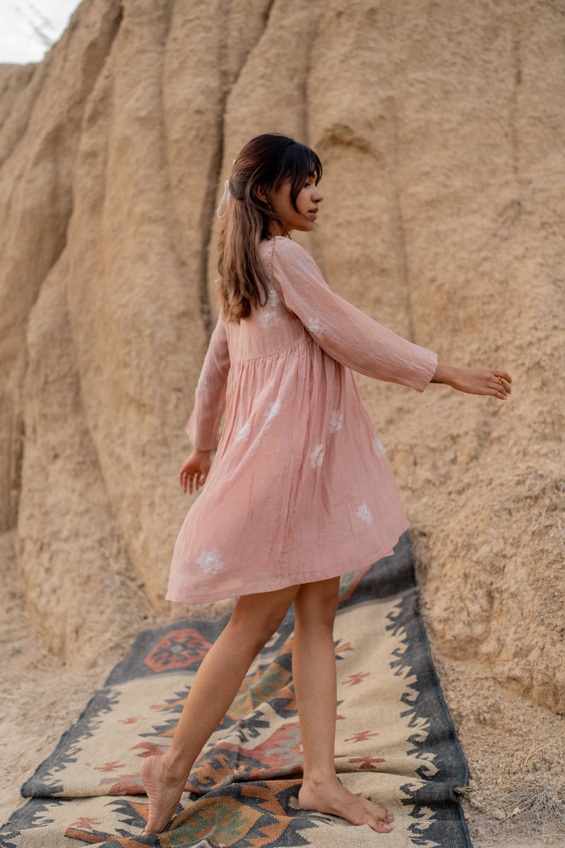 BLUSH FLORAL SHORT ARAZI DRESS chanderi by Nirjara in blush color for women Worldwide