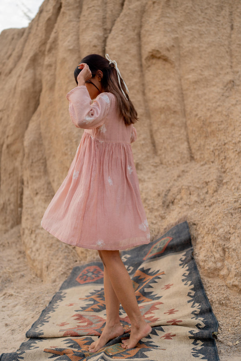 BLUSH FLORAL SHORT ARAZI DRESS chanderi by Nirjara in blush color for women Worldwide
