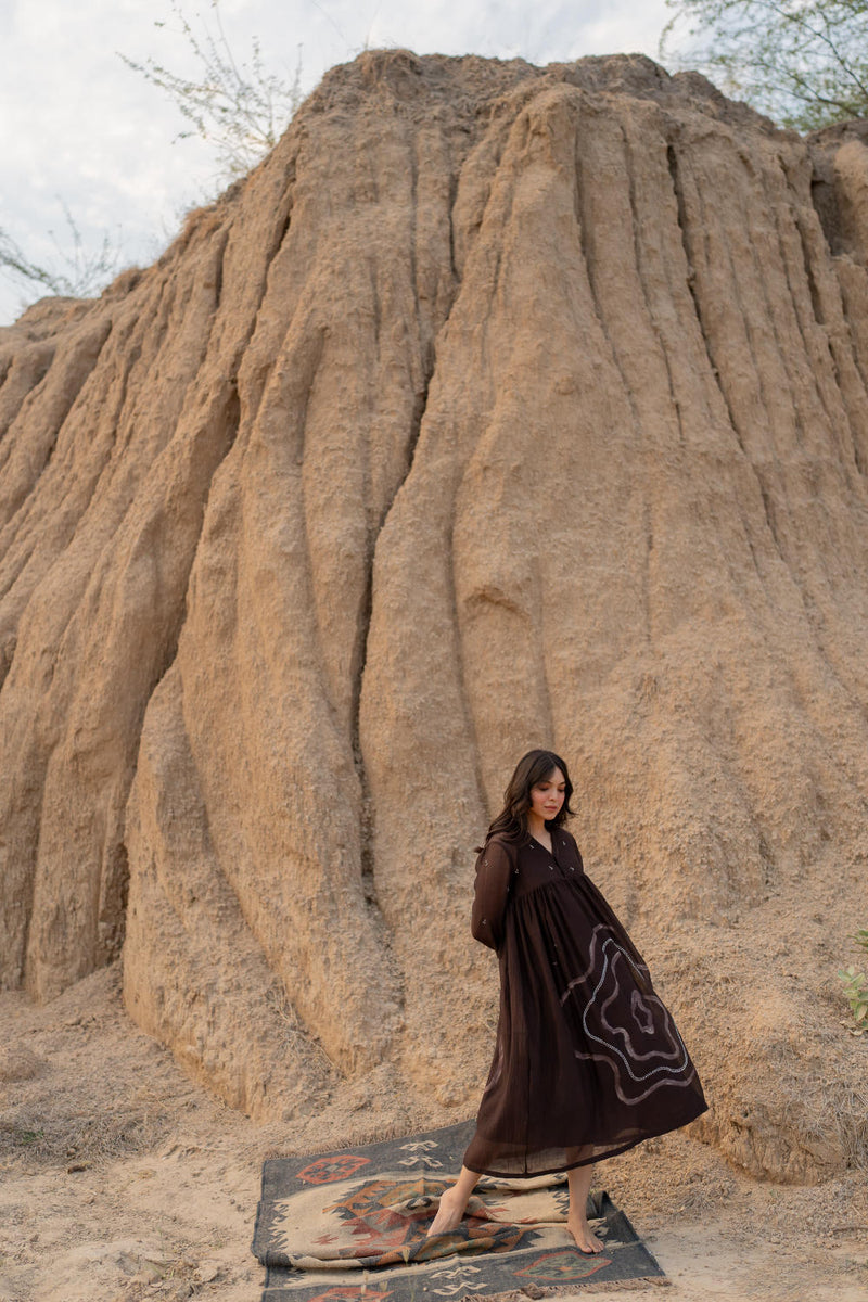 BROWN ARAZI DRESS chanderi by Nirjara in brown color for women Worldwide