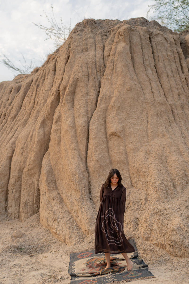 BROWN ARAZI DRESS chanderi by Nirjara in brown color for women Worldwide