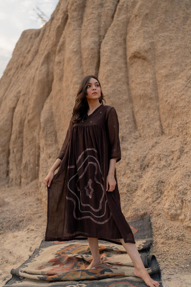 BROWN ARAZI DRESS chanderi by Nirjara in brown color for women Worldwide