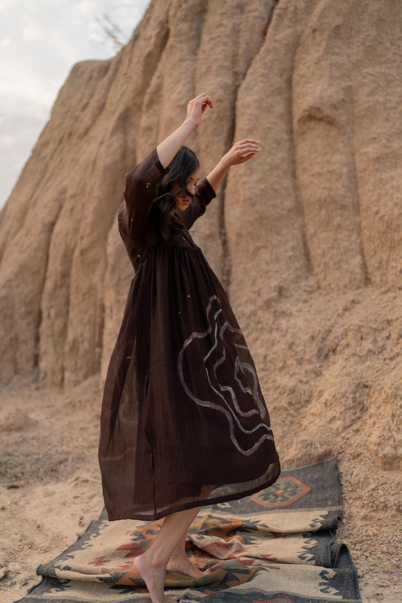 BROWN ARAZI DRESS chanderi by Nirjara in brown color for women Worldwide