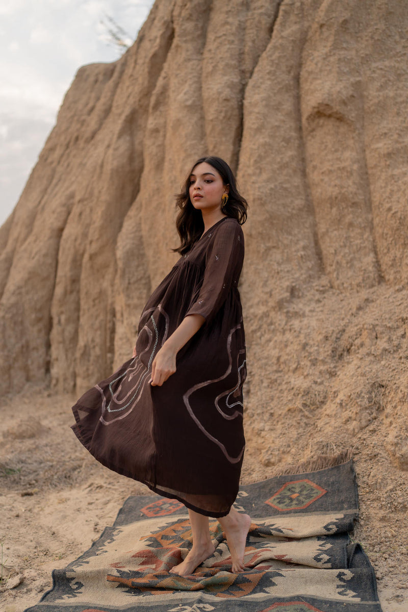 BROWN ARAZI DRESS chanderi by Nirjara in brown color for women Worldwide
