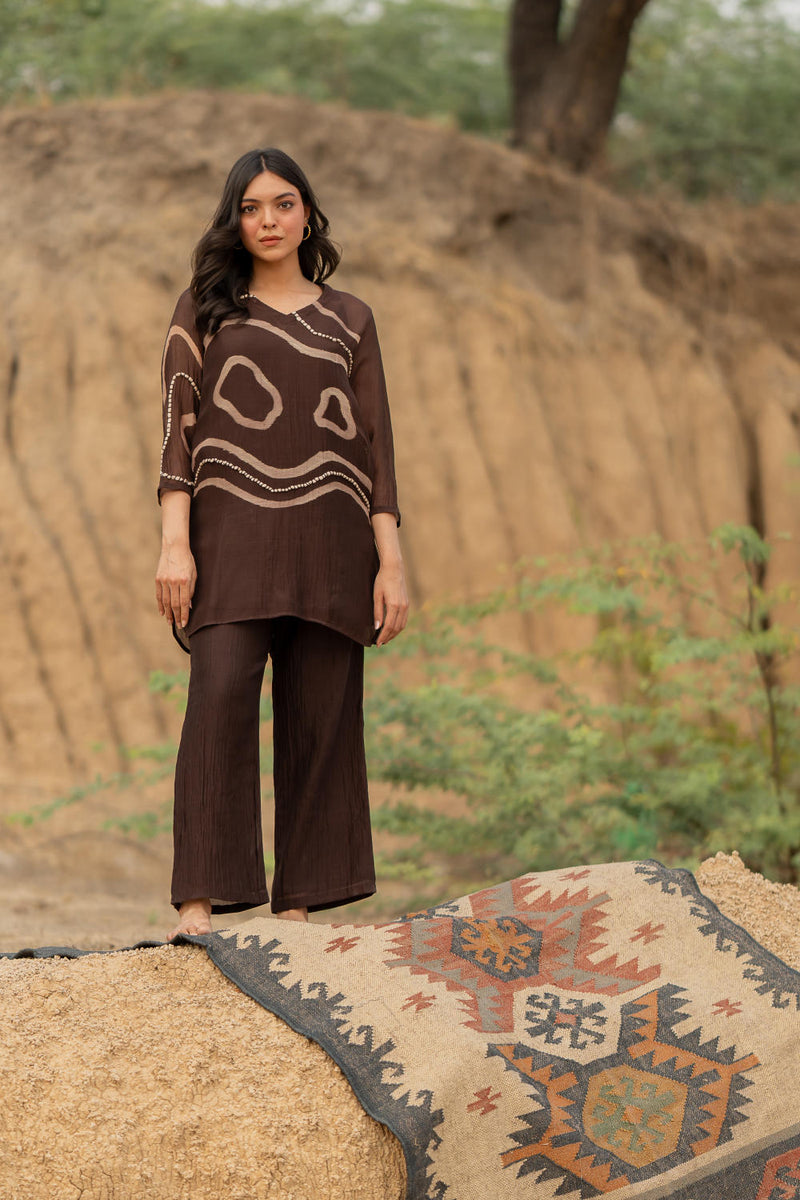 BROWN ARSA SET chanderi by Nirjara in brown color for women Worldwide