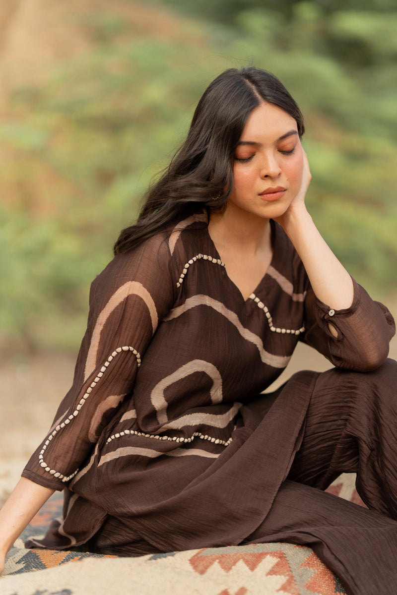 BROWN ARSA SET chanderi by Nirjara in brown color for women Worldwide