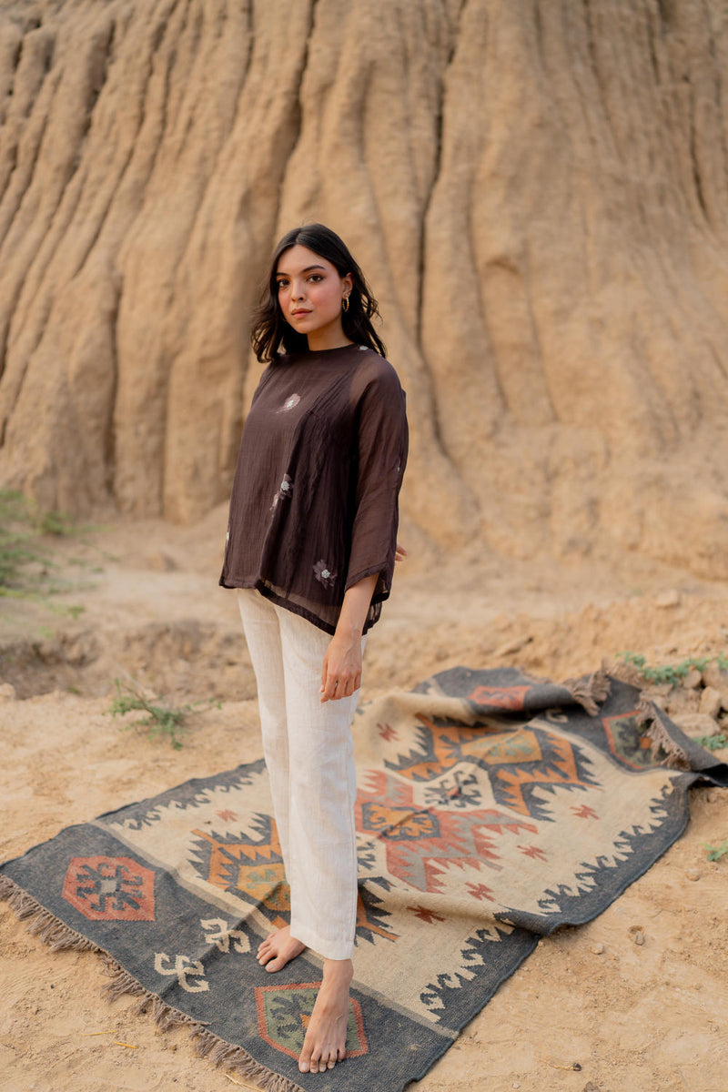 BROWN FLORAL KALIDAAR TOP chanderi by Nirjara in brown color for women Worldwide