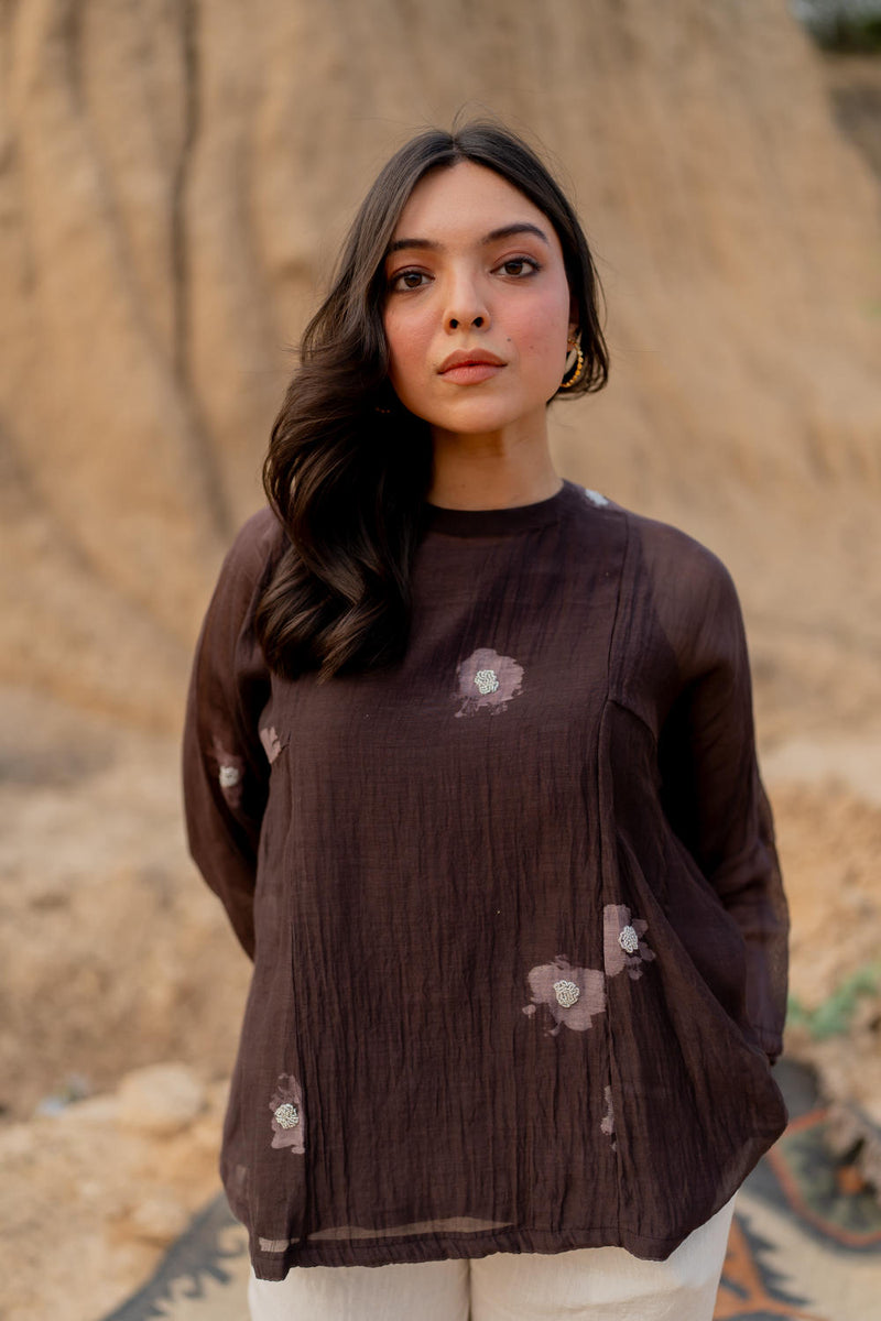 BROWN FLORAL KALIDAAR TOP chanderi by Nirjara in brown color for women Worldwide