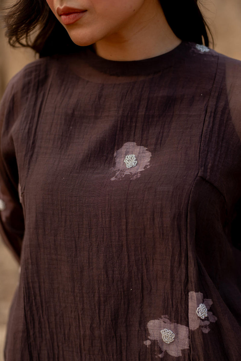 BROWN FLORAL KALIDAAR TOP chanderi by Nirjara in brown color for women Worldwide