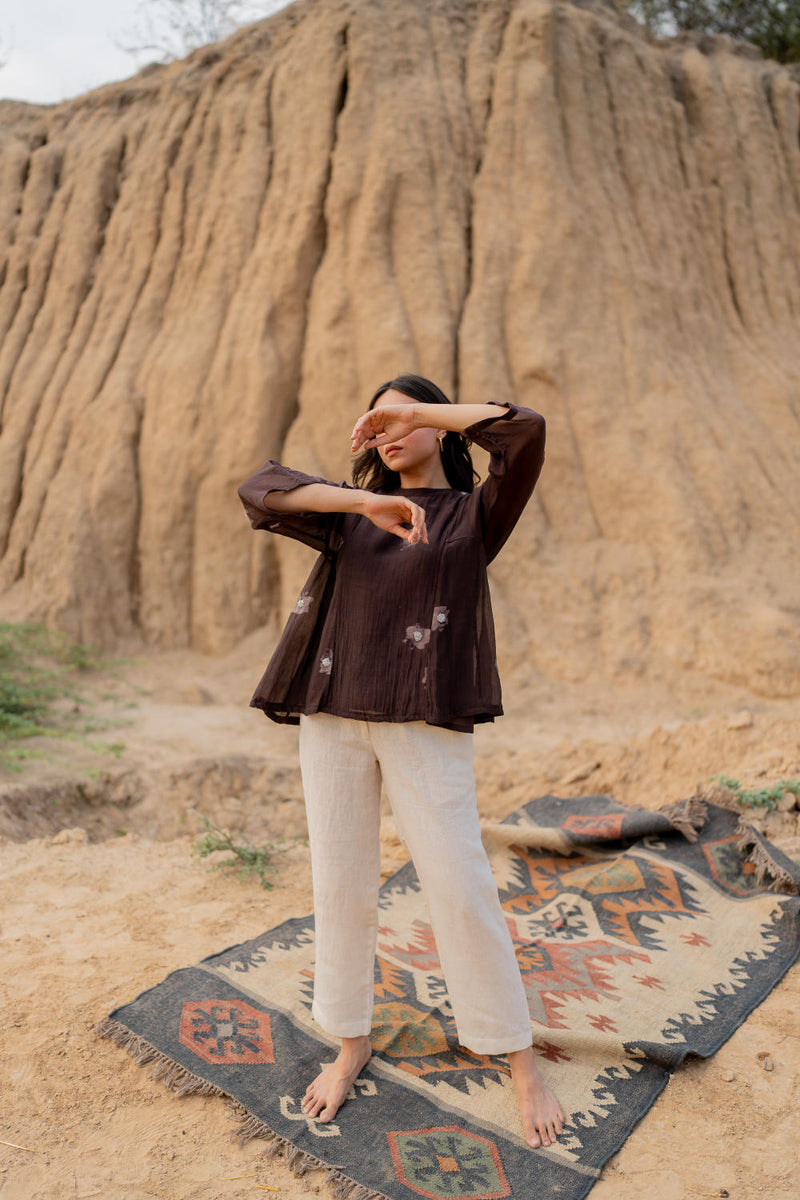 BROWN FLORAL KALIDAAR TOP chanderi by Nirjara in brown color for women Worldwide