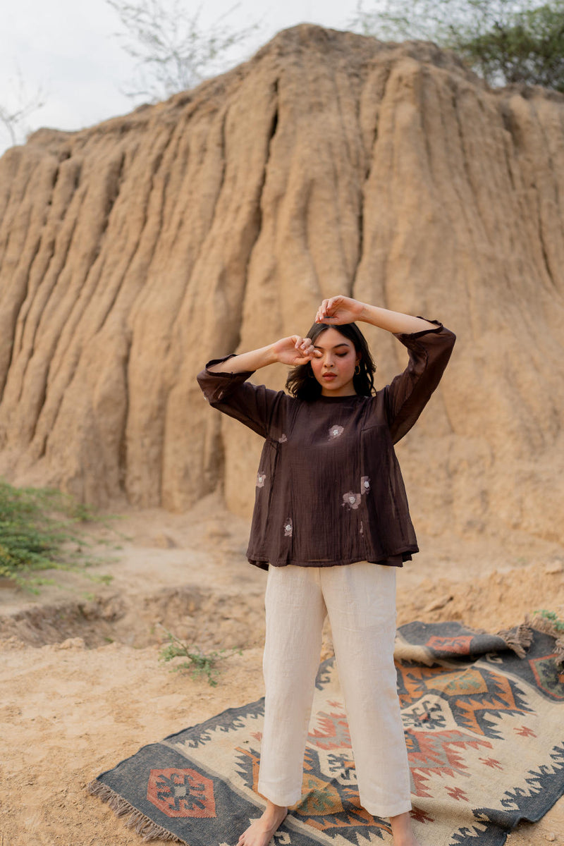 BROWN FLORAL KALIDAAR TOP chanderi by Nirjara in brown color for women Worldwide