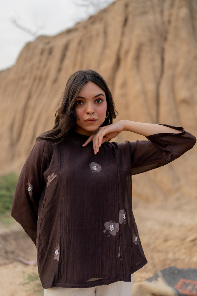 BROWN FLORAL KALIDAAR TOP chanderi by Nirjara in brown color for women Worldwide