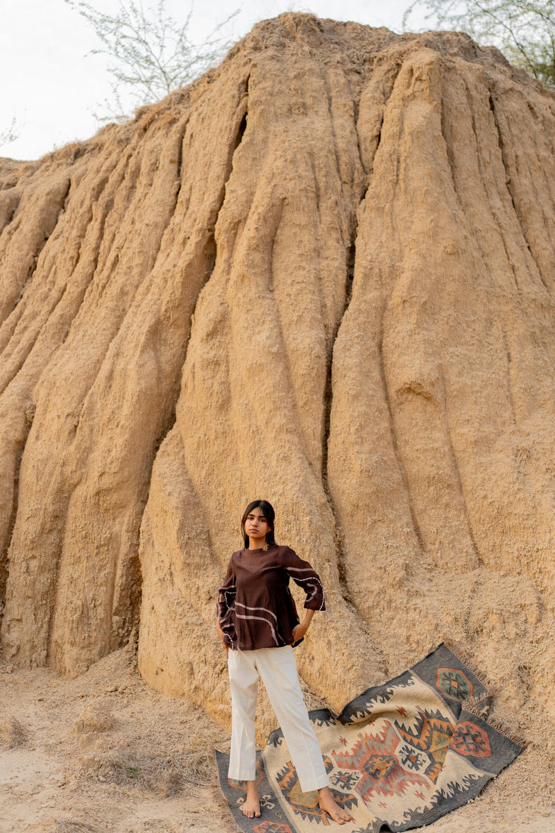BROWN ZARYA TOP chanderi by Nirjara in brown color for women Worldwide