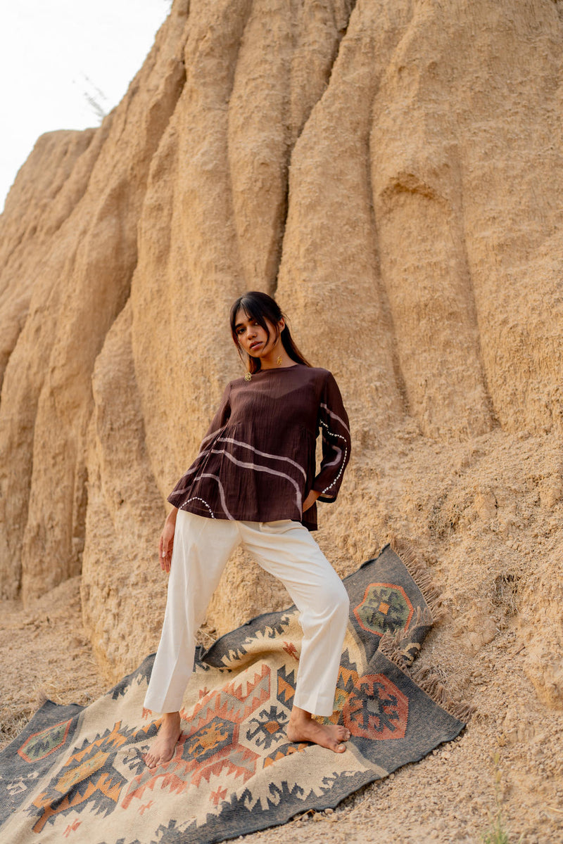 BROWN ZARYA TOP chanderi by Nirjara in brown color for women Worldwide