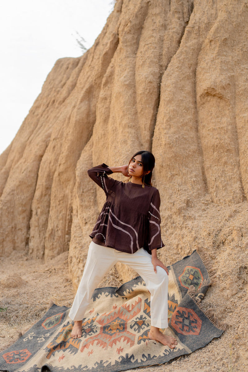 BROWN ZARYA TOP chanderi by Nirjara in brown color for women Worldwide